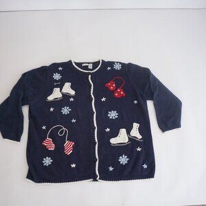 Vintage Cherokee Navy Blue Ice Skates Mittens Winter Button Cardigan Festive 3X